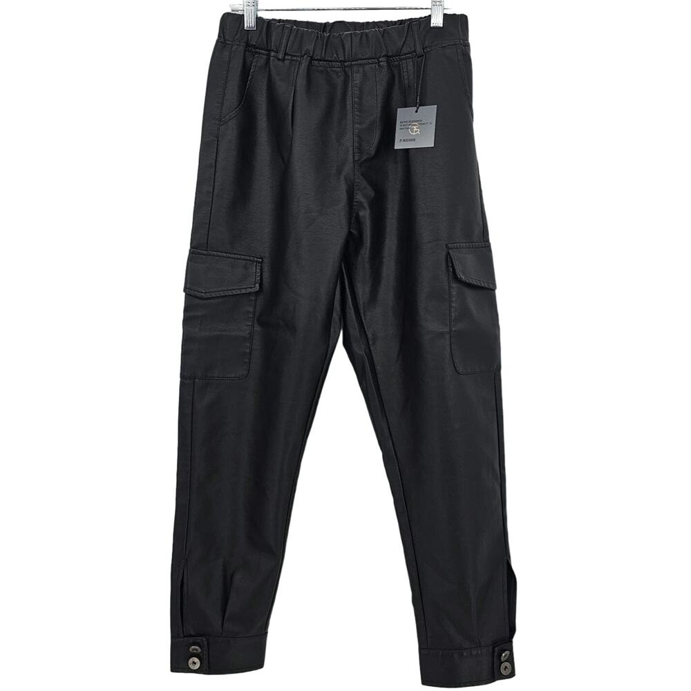 Tagoo Womans size M faux Leather High Waist Cargo Jogger Black Pull-On Pants NEW